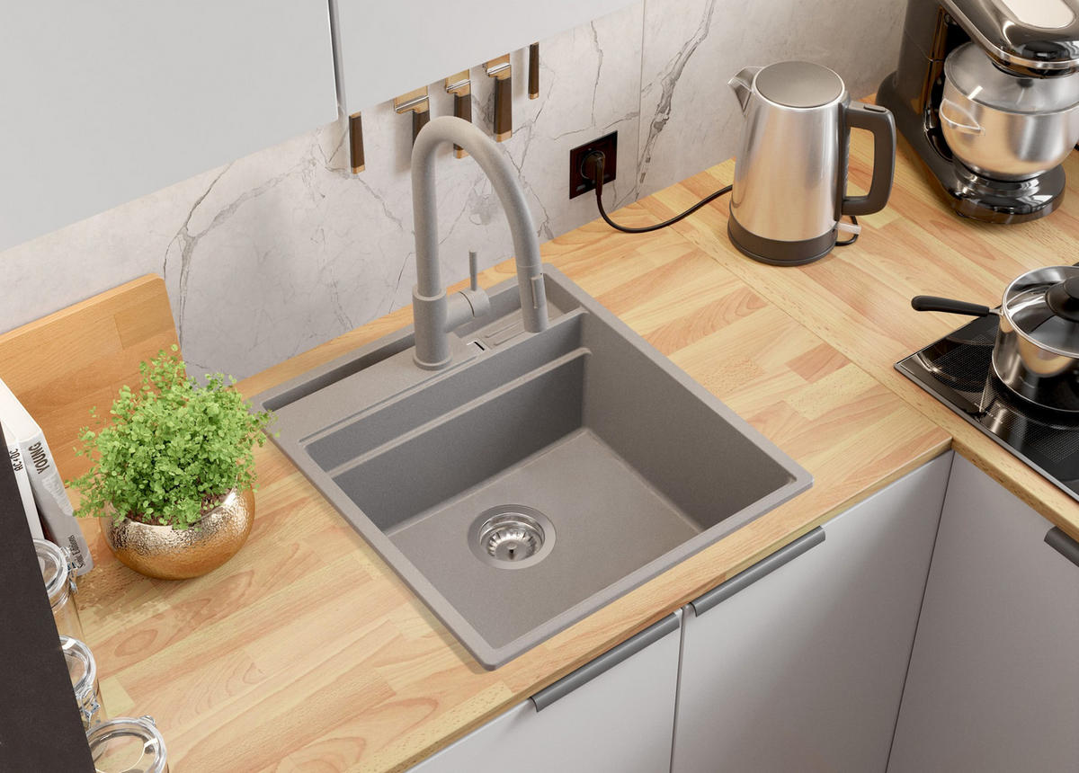 SPÜLBECKEN Oslo Pocket, 2-er set Grau 48/53 cm 1 Becken + Ablauf-Set + Küchenzubehörset ab 50er Unterschrank - Chromfarben/Beige, Kunststoff (48/20/53cm) - Primagran