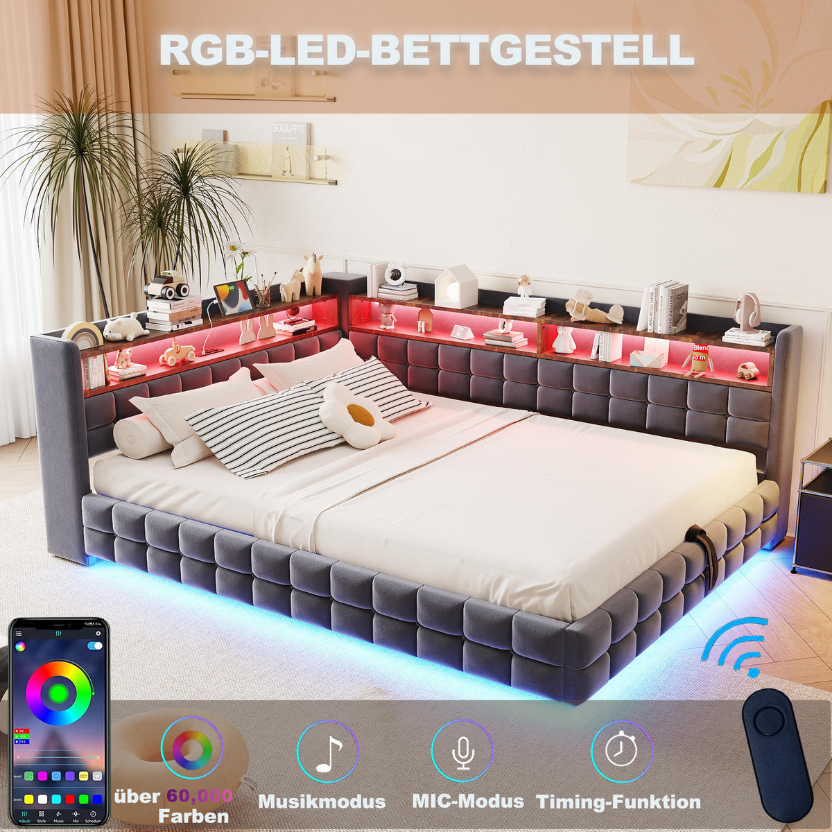 POLSTERBETT Dunkelgrau 140×200cm mit hydraulischem Stauraum, Holzregal, LED-Lichtleiste und Ladeanschlüssen - Dunkelgrau, Textil (140/200cm) - Luhomfu
