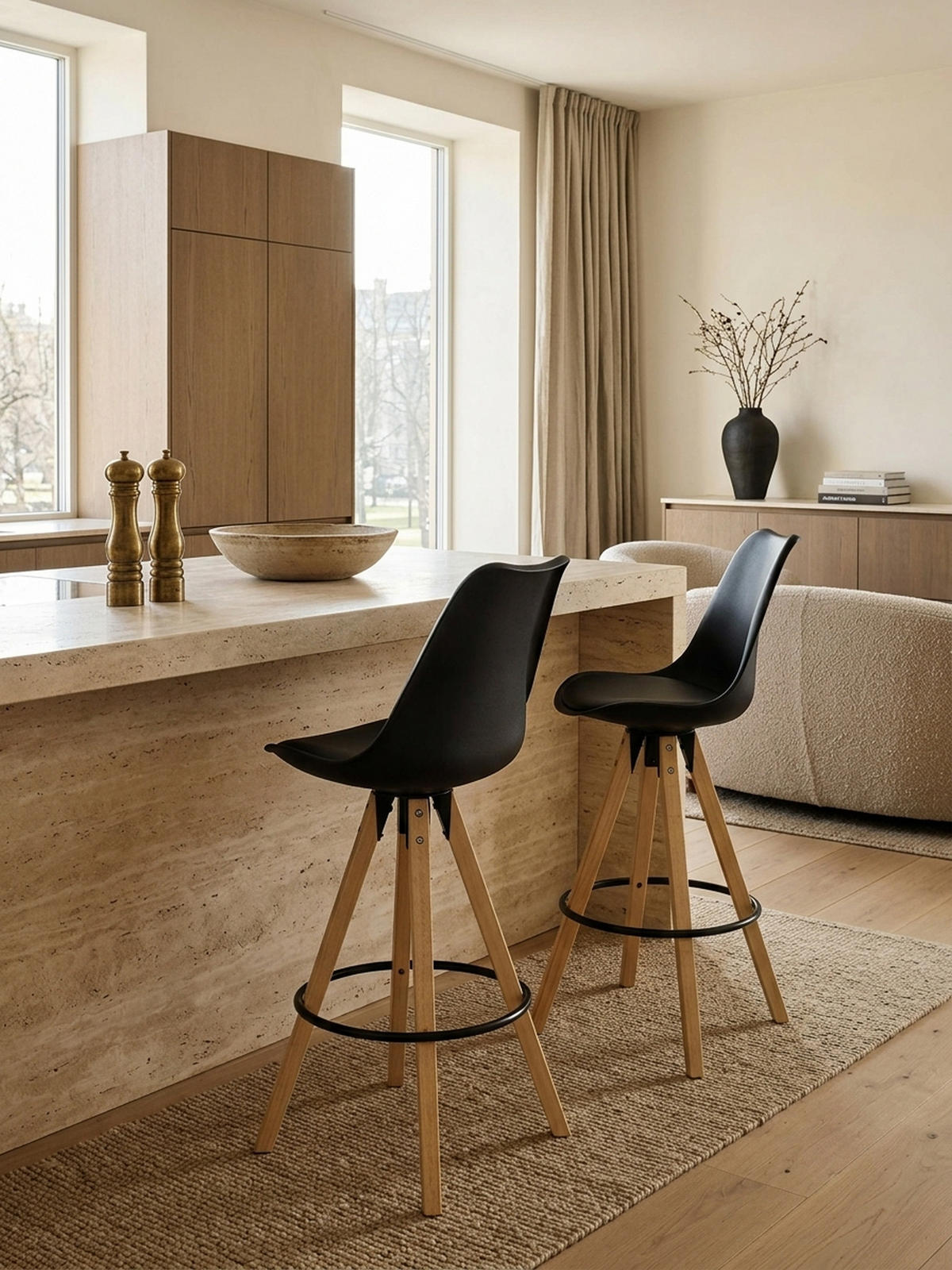 BARHOCKER Set - Ergonomisch Sitzschale, Holzbeine, Schwarz 45x45x113 cm - Beige/Schwarz, Holz/Kunststoff (45/113/45cm) - KADIMA DESIGN