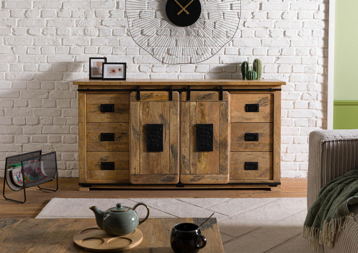 SIDEBOARD Mango 170x45x90 natur lackiert RAILWAY #193 - Braun, Holz (170/90/45cm) - Massivmoebel24