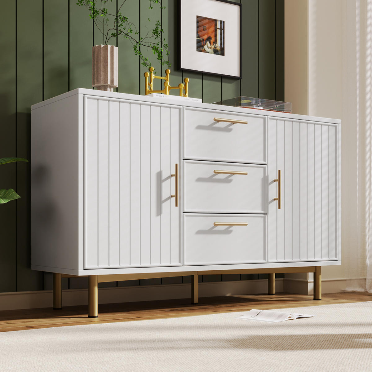 KOMMODE mit 2 Türen, 3 Schubladen und verstellbaren Einlegeböden, 120 x 75 x 40 cm, Weiß, Spanplatte - Weiß, Holzwerkstoff (120/40/75cm) - SONNENH