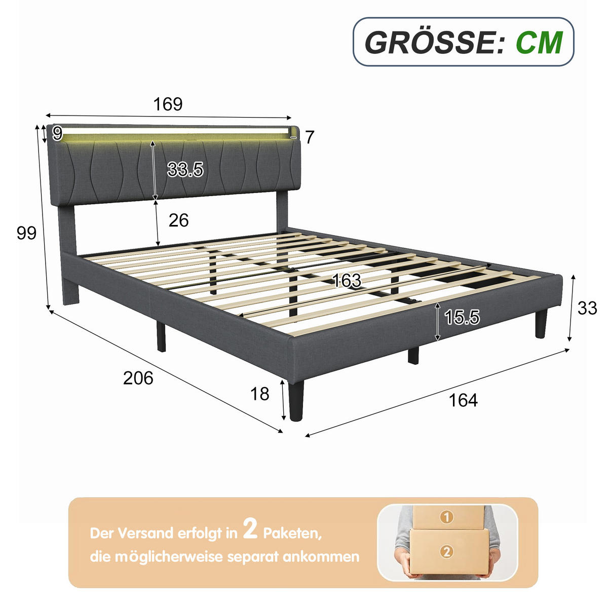 POLSTERBETT 160x200 cm mit LED & USB, Lattenrost, Grau - Grau, Metall (160/200cm)
