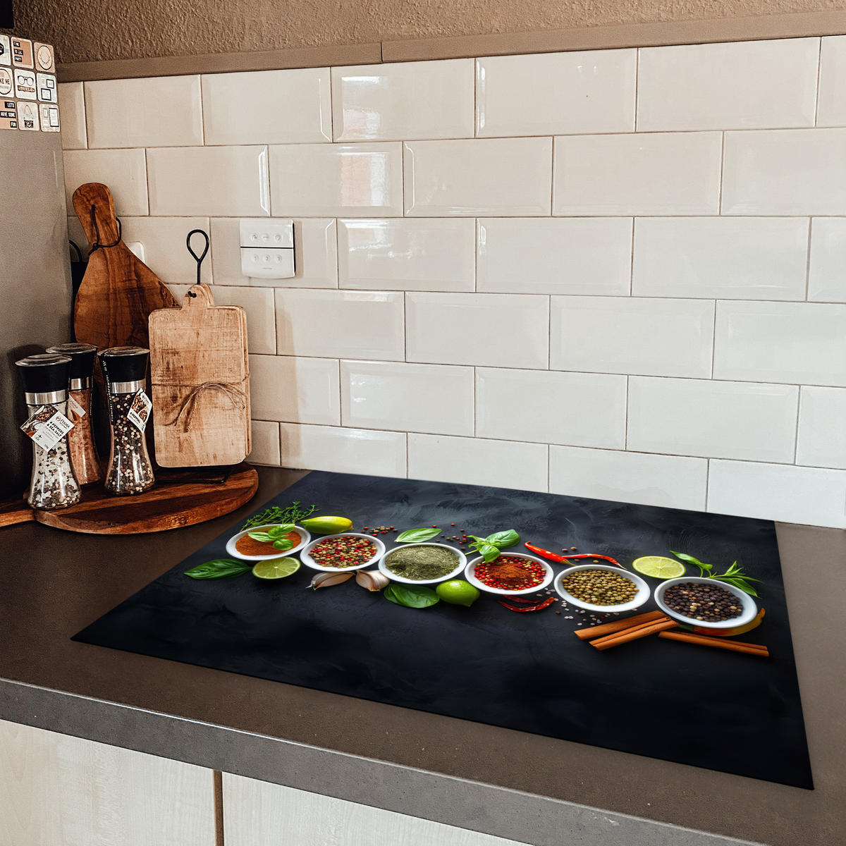 HERDABDECKPLATTE Kräuter - Gewürze - Konkrete Optik - Stilleben Herdabdeckung Induktionsfeld 70x52 cm - Multicolor, Kunststoff (70/52/0.2cm) - MuchoWow