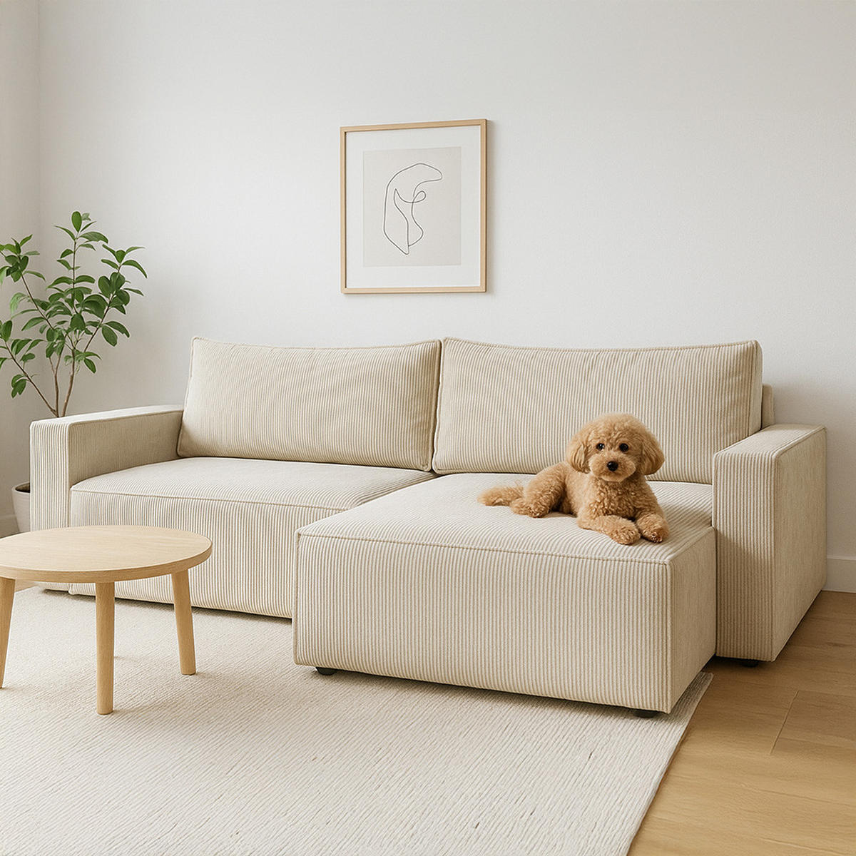 ECKSOFA LIVIO L mit Schlaffunktion und Bettkasten, weicher, dicker Cord pet friendly - POSO 135 - Schwarz, Holz (230/90/195cm) - Dekori_Interiors