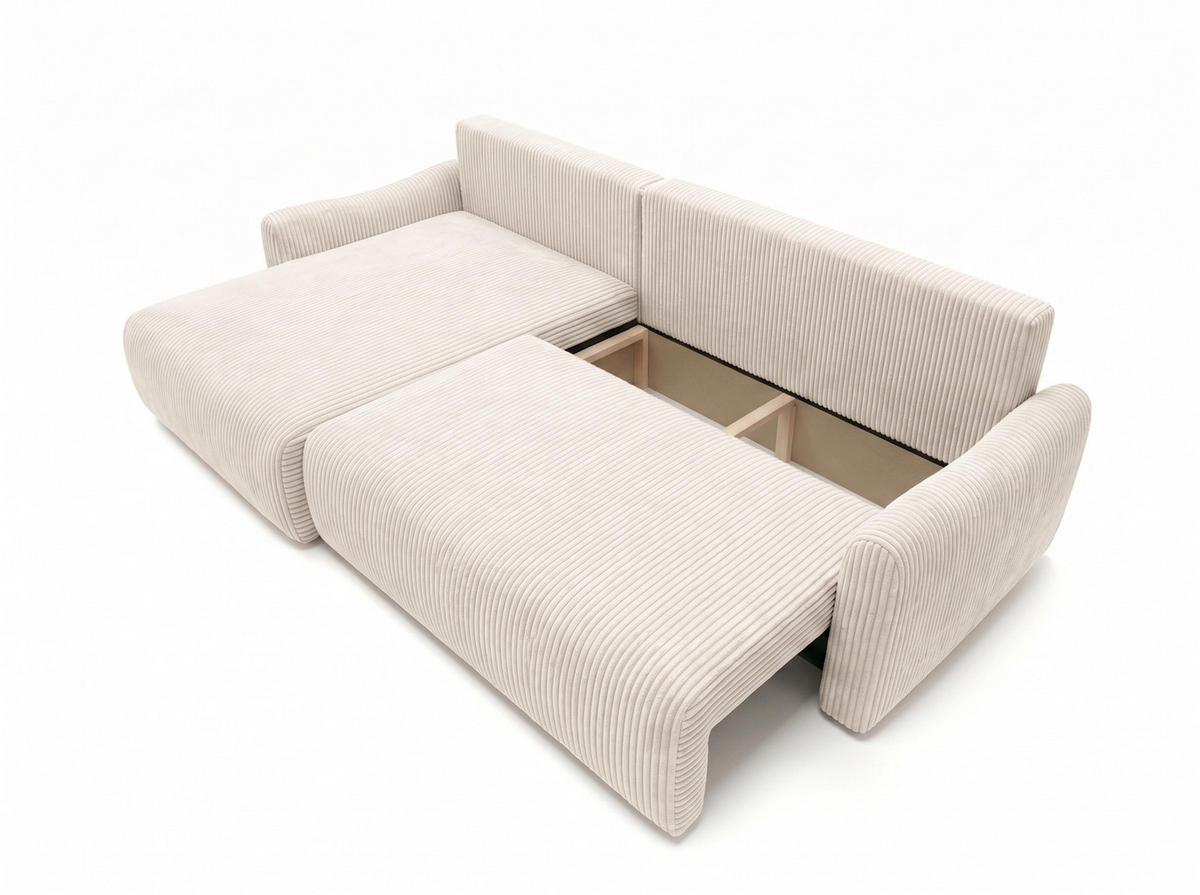 ECKSOFA Mit Schlaffunktion, Cordstoff Poso, Beige, Links, JAPANDI - Creme, Holz (262/145cm) - Kaiser Möbel