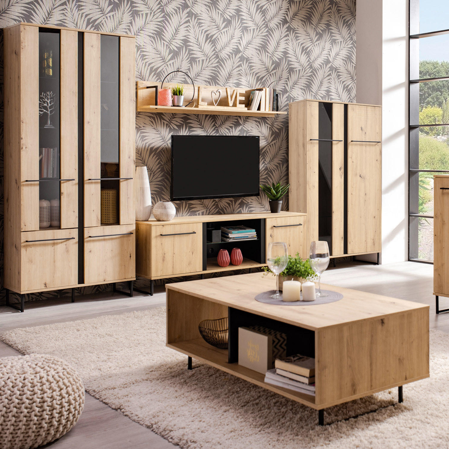 WOHNWAND 339/193/42 cm in Eiche Schwarz - Braun, Holz (339/193/42cm) - Homestyle4u