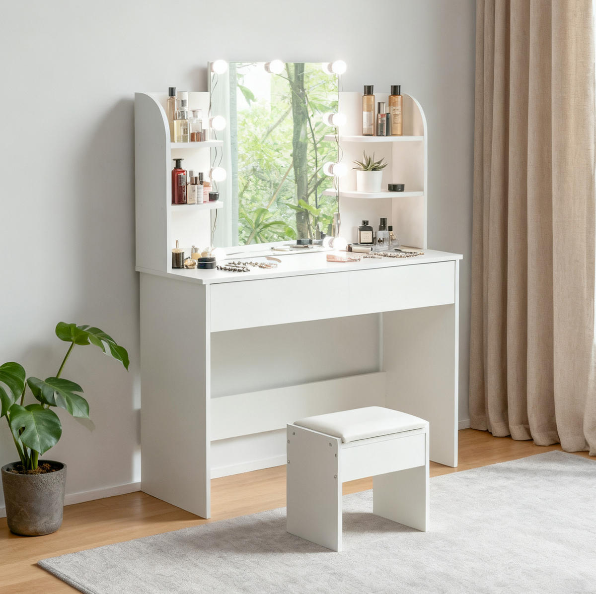 SCHMINKTISCH aus MDF 105x40x130 cm Weiß mit LED-Beleuchtung, 3-teiligem Spiegel und viel Stauraum - Weiß, Holzwerkstoff (105/130/40cm) - Modfu