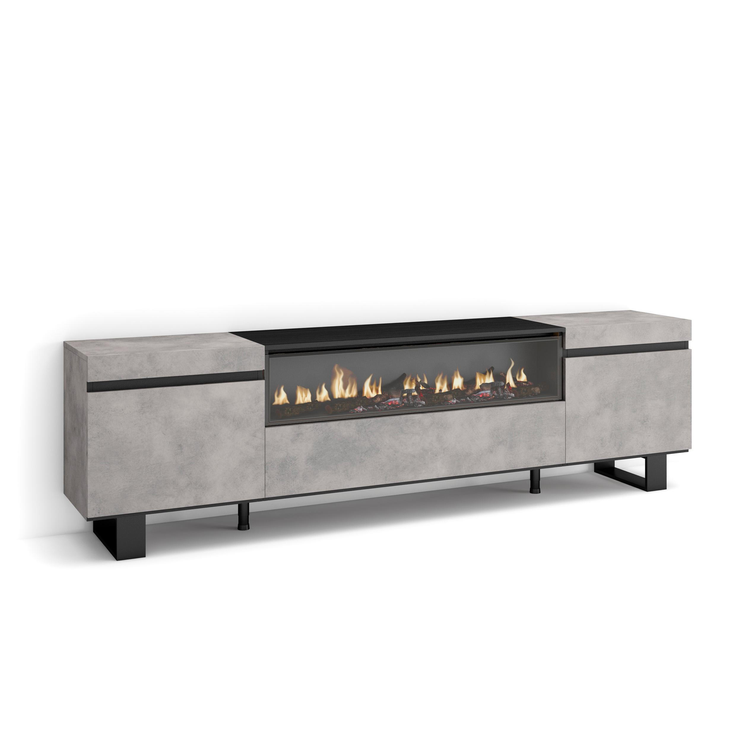 TV-SCHRANK zementgrau, mit Elektrokamin, 200/35/57cm - Hellgrau/Grau, Holzwerkstoff (200/57/35cm) - Skraut Home