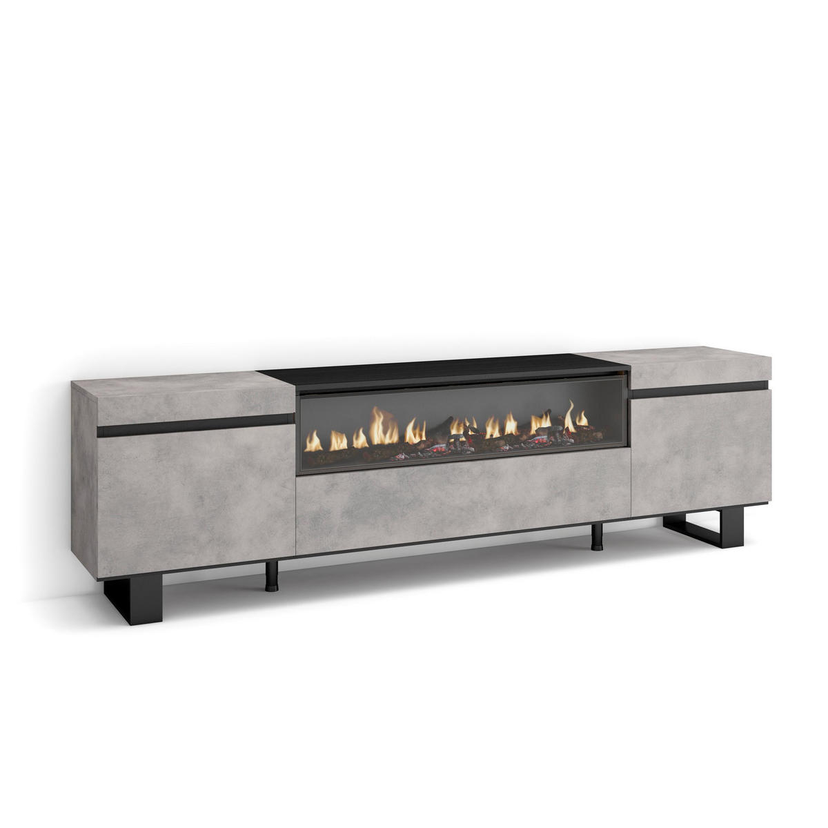 TV-SCHRANK zementgrau, mit Elektrokamin, 200/35/57cm - Hellgrau/Grau, Holzwerkstoff (200/57/35cm) - Skraut Home