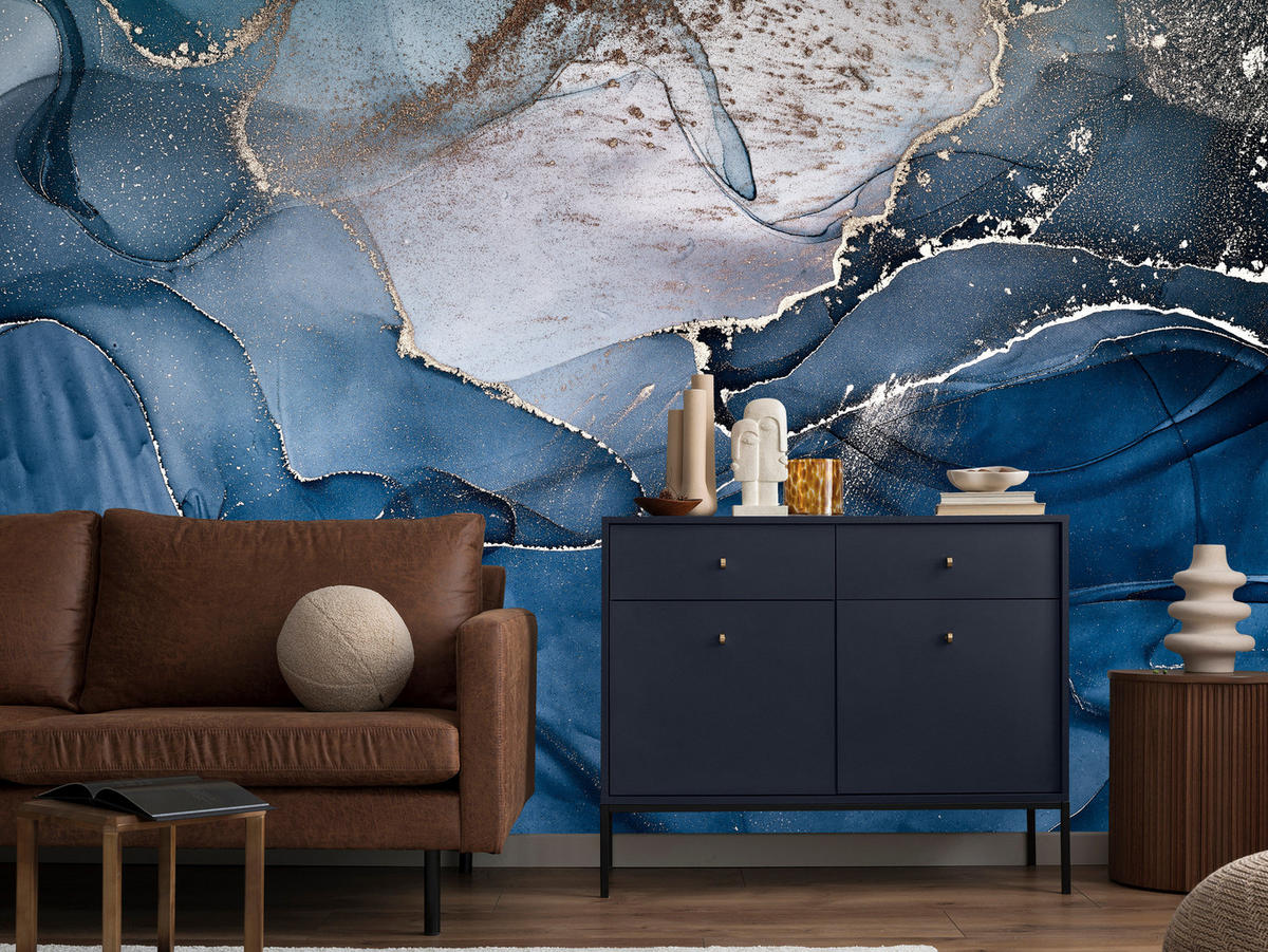 FOTOTAPETE für Badezimmer Blauer Marmor Gold Modern 150x105 - Blau/Goldfarben, Papier (150/105cm) - Muralo