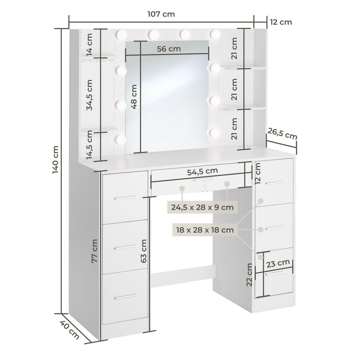 SCHMINKTISCH Charlotte, 107 x 42,5 x 140 cm, weiß - Weiß, Holzwerkstoff (107/140/42.5cm) - tectake