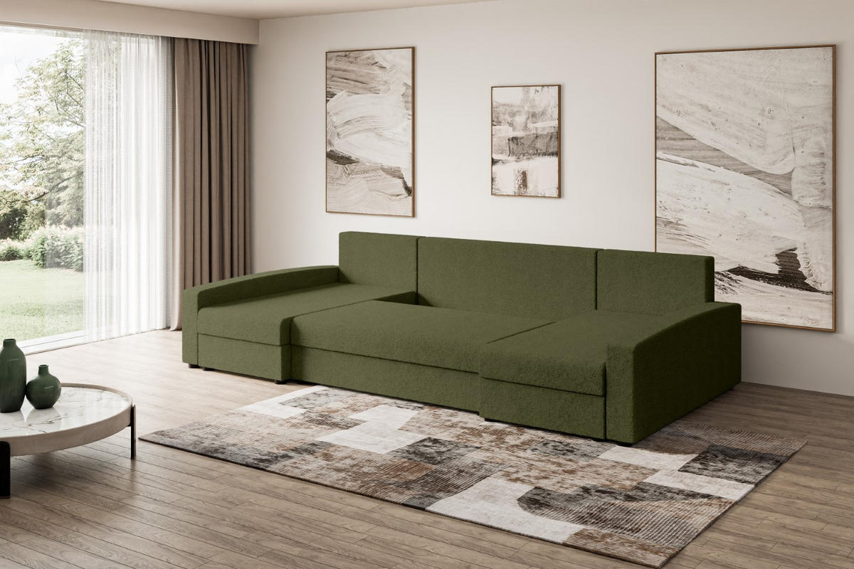 WOHNLANDSCHAFT mit Schlaffunktion und Bettkasten ALESIA-U 301x140x90 cm Grün Bouclé - Silberfarben/Grün, Holzwerkstoff/Kunststoff (301/90/140cm) - ALTDECOR