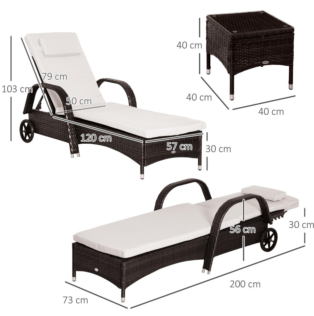 SONNENLIEGEN-SET aus Metall in Braun mit Beistelltisch & verstellbaren Lehnen - Braun, Metall (73/30/200cm) - Modfu