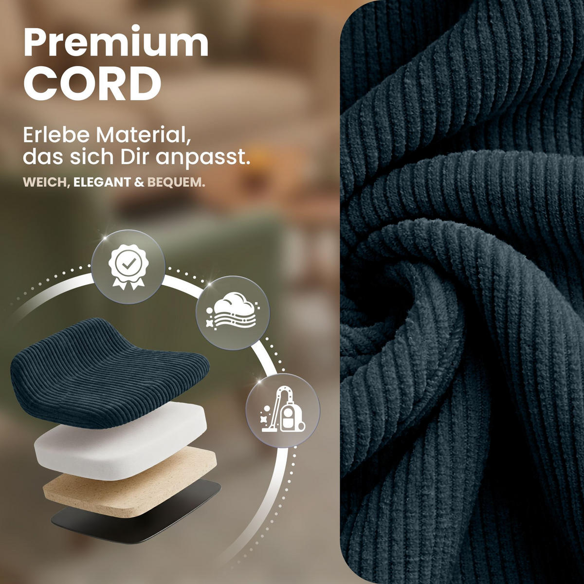 STUHL 4 Cord Dunkelblau - Eukalyptusholzfarben/Dunkelblau, Holz/Textil (49/83/50cm) - CLP