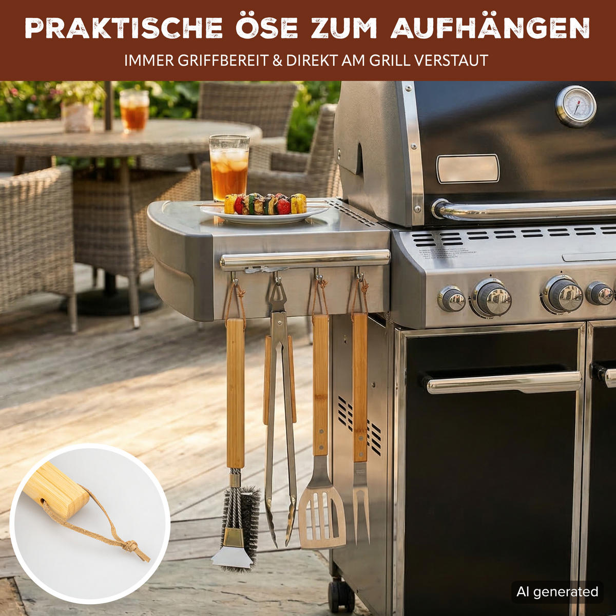 GRILLBÜRSTE, Edelstahl, Bambus - Edelstahlfarben, Metall (40cm) - eluno