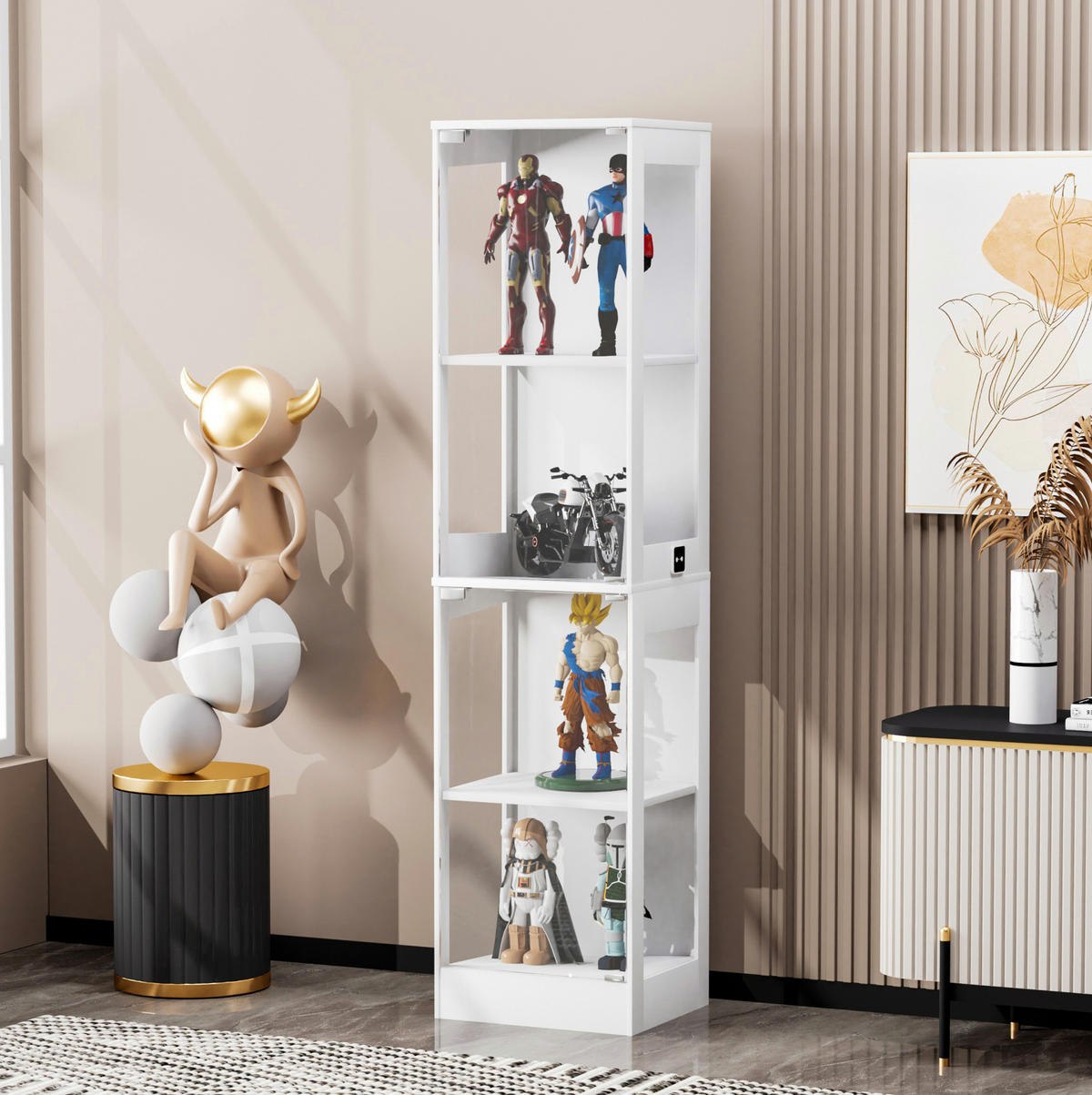 VITRINE 40/35/165 cm mit LED-Beleuchtung, Glastüren und Bewegungssensor, Weiß - Weiß, Holzwerkstoff (40/165/35cm) - Redom