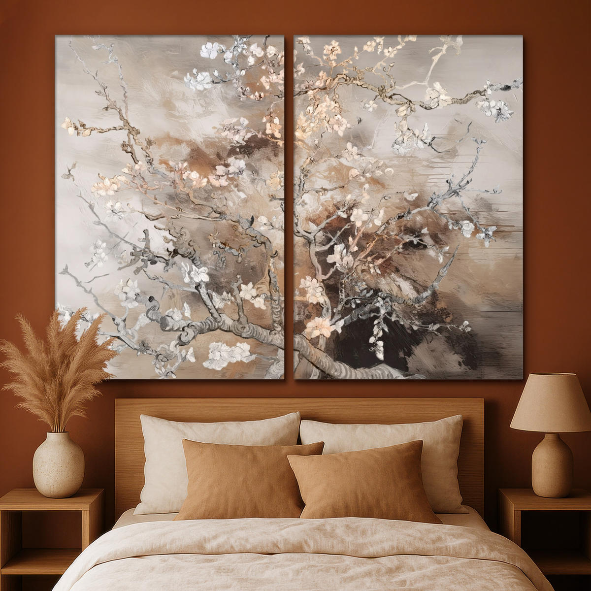 LEINWANDBILD 2er Set Mandelblüte - Abstrakt - Beige 240x180 cm - Beige, Textil (240/180cm) - MuchoWow