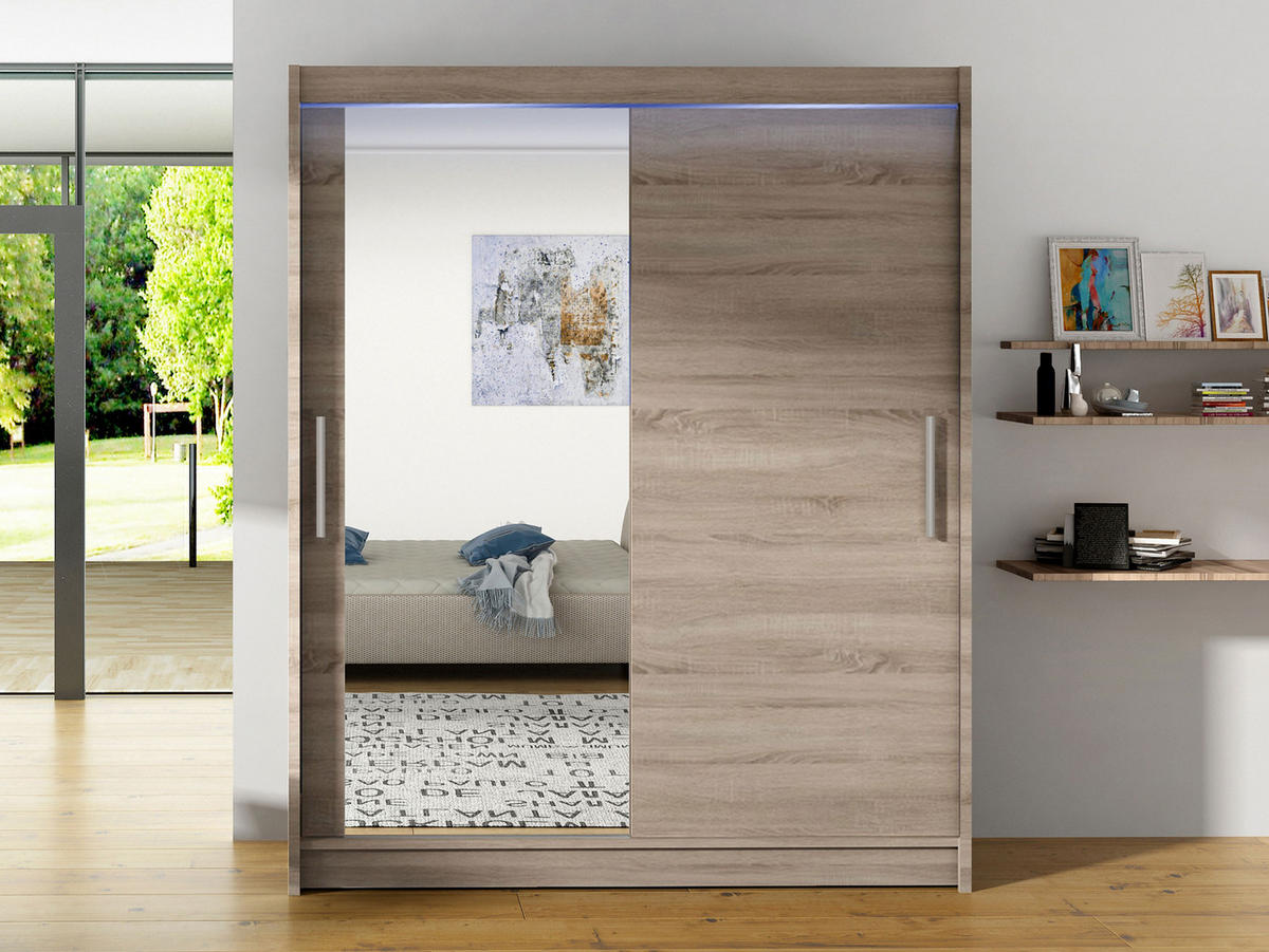 SCHWEBETÜRENSCHRANK Westa VI, mit RGB LED Beleuchtung - Silberfarben/Trüffeleichefarben, Holzwerkstoff/Metall (150/200/58cm) - MIRJAN24
