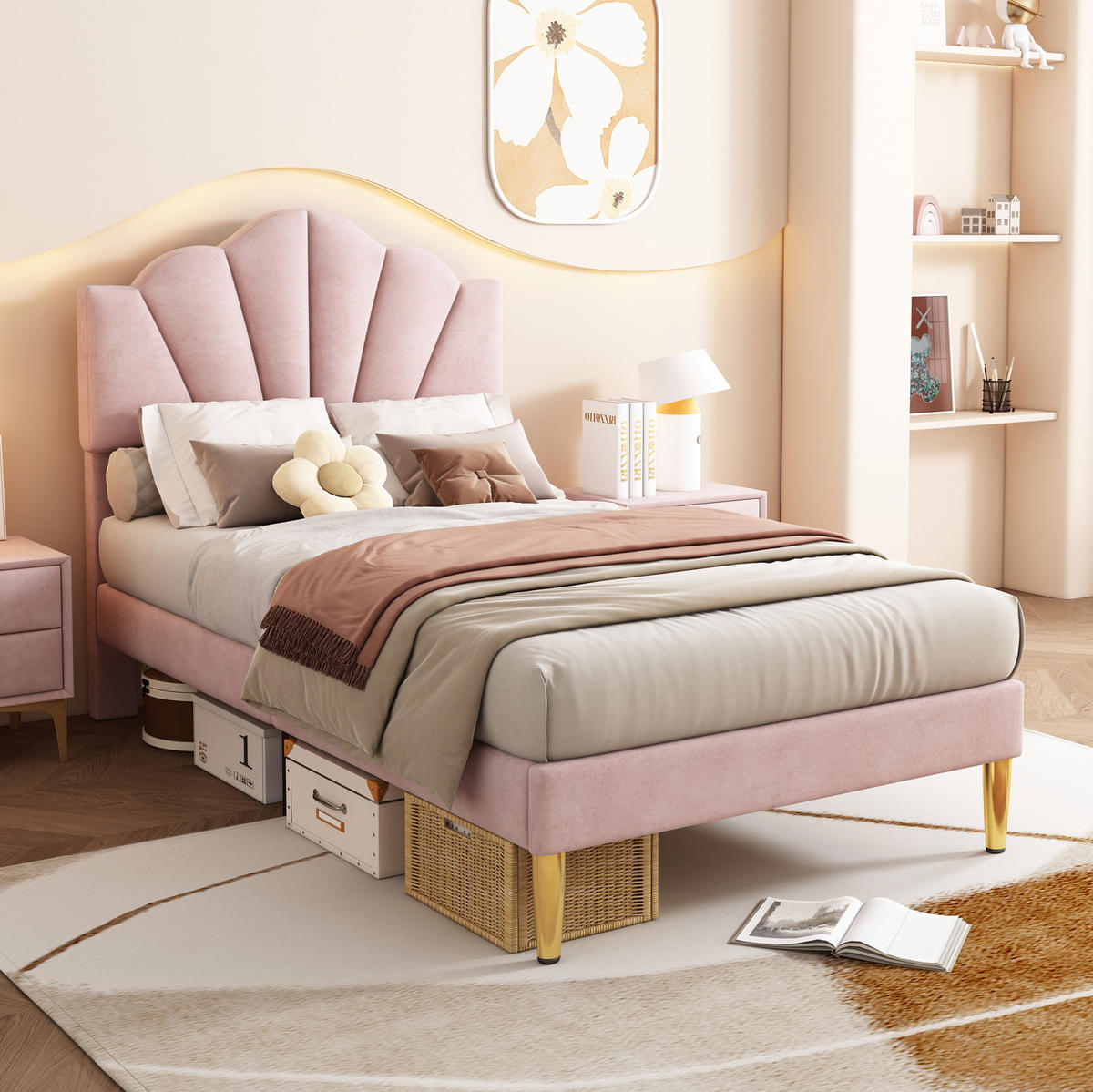 KINDERBETT 90/200 cm aus Samt in Rosa mit verstellbarem Kopfteil - Rosa, Textil (90/200cm) - Flora Grace