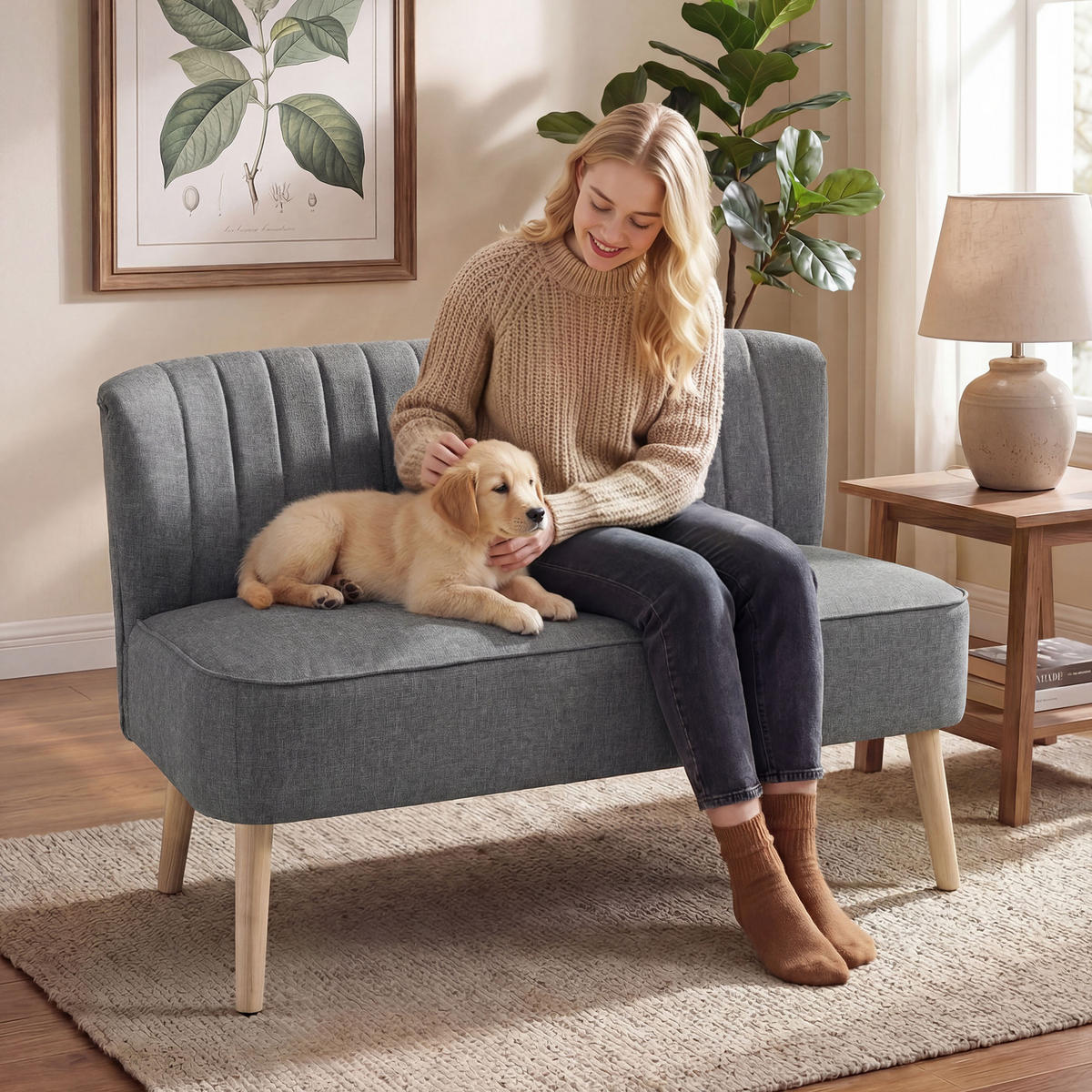 2-SITZER-SOFA DE-06551 Polstersofa Leinenoptik, Holzrahmen Grau - Grau, Holz/Textil (117/77/56.5cm) - ComfortXL