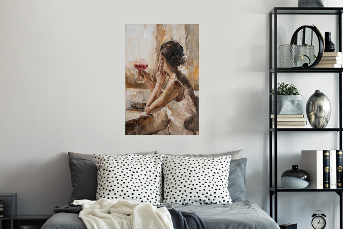 WANDTATTOO Ölgemälde - Frau - Wein 40x60 cm - Hellbraun, Kunststoff (40/60/0.1cm) - MuchoWow
