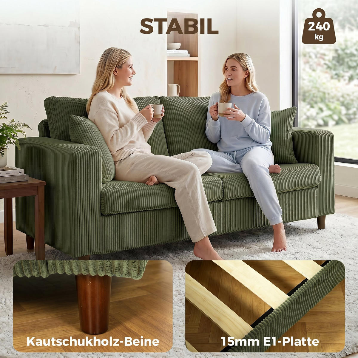 2-SITZER-SOFA Cord 100 Polyester Kautschukholz Grün - Naturfarben/Grün, Holz/Textil (80/82/170cm) - HOMCOM