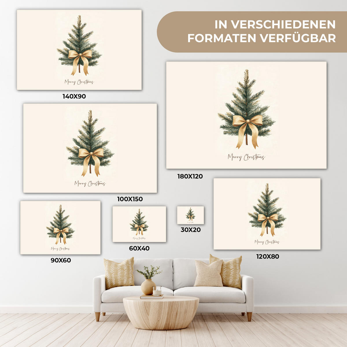 LEINWANDBILD Weihnachtsbaum - Weihnachten - Frohe Weihnachten - Beige XXL 150x100 cm - Sandfarben, Textil (150/100cm) - MuchoWow