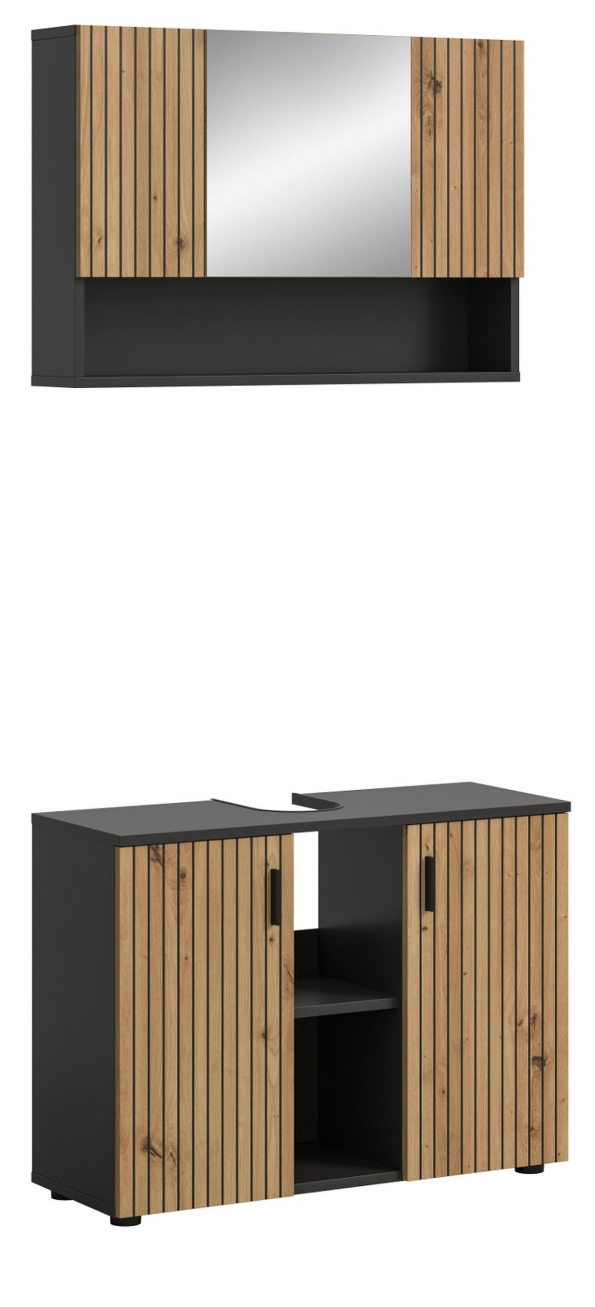 BADMÖBEL-SET Eiche Artisan, grau 2-teilig 80 cm, Badkombination mit Rillen-Optik - Schwarz/Eiche Artisan, Glas/Holzwerkstoff (80/180/30cm) - Inn.Furn