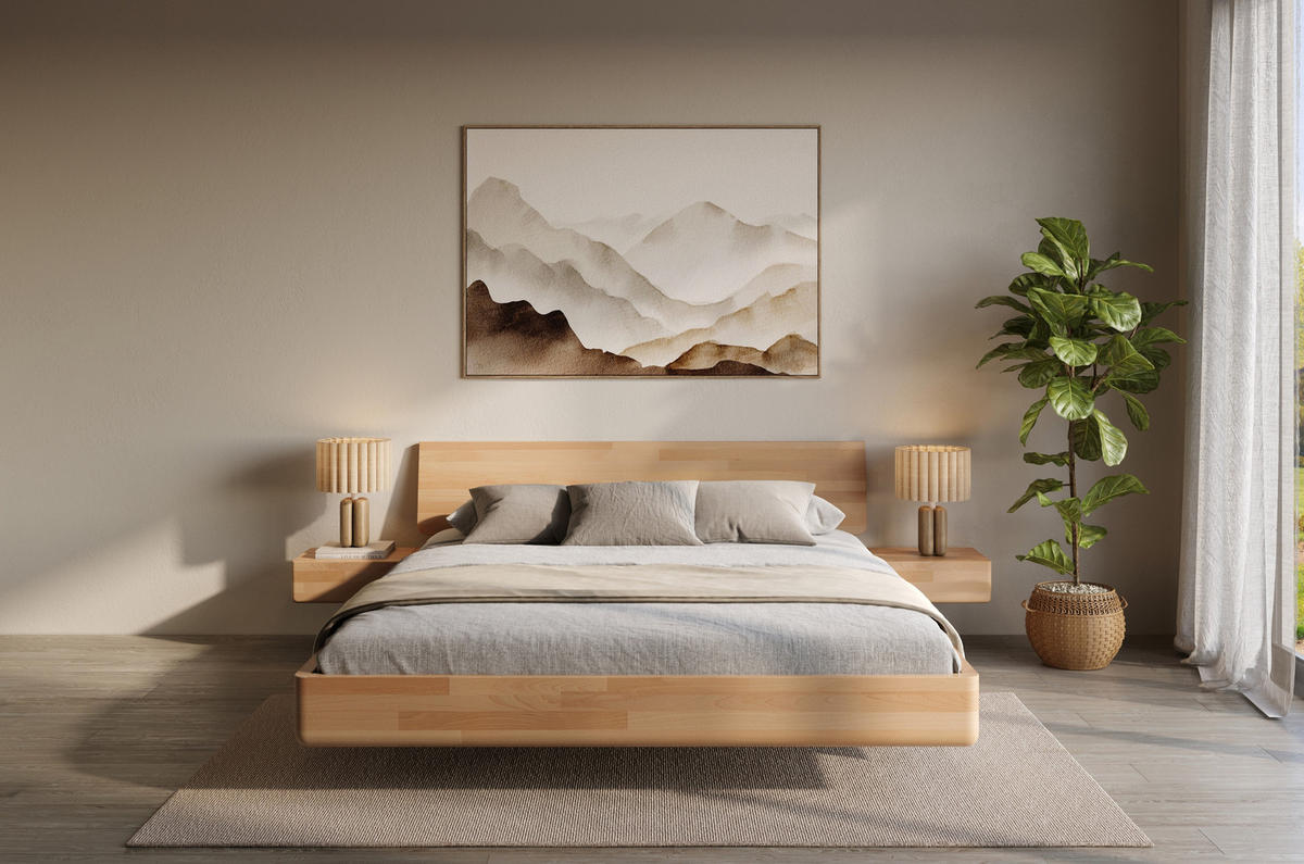 MASSIVHOLZBETT Lena mit 2 Nachttischen, 140/200, Buche - lackiert, Naturfarben - Buchefarben, Holz/Buchenholz (140/200cm) - Visby