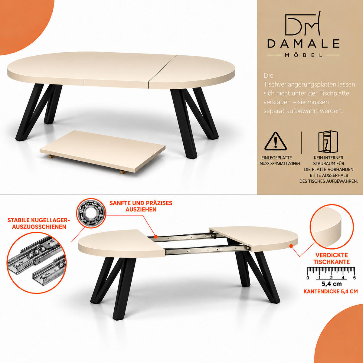 ESSTISCH rund ausziehbar 100/300/76 cm, Kaschmir, 54 cm Tischplatte + Industrial Metallgestell Schwarz - Kaschmir/Schwarz, Holzwerkstoff/Metall (100/300/76cm) - Damale Möbel