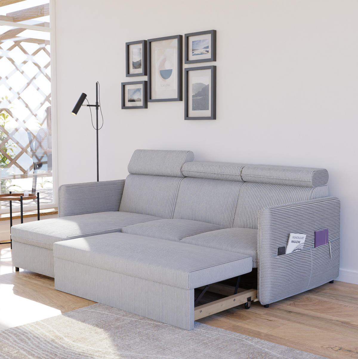 ECKSOFA mit Schlaffunktion und Bettkasten, Hellgrau - Grau, Holzwerkstoff/Textil (220/140cm) - Idohome