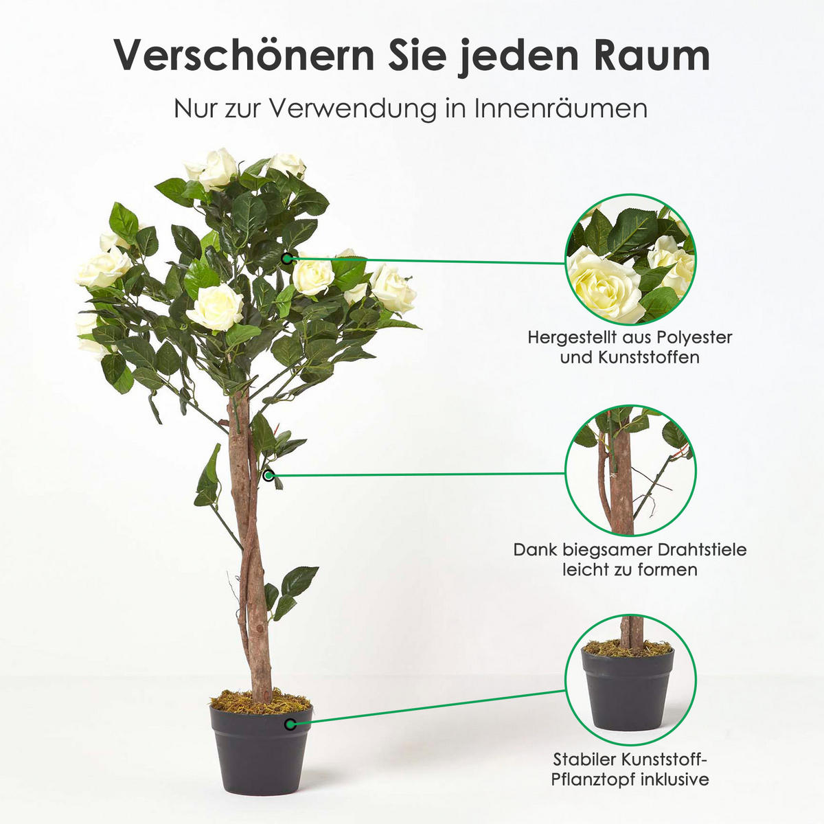 KUNSTBAUM Rosenstock weiß, 90 cm - Weiß, Kunststoff (90cm) - Homescapes