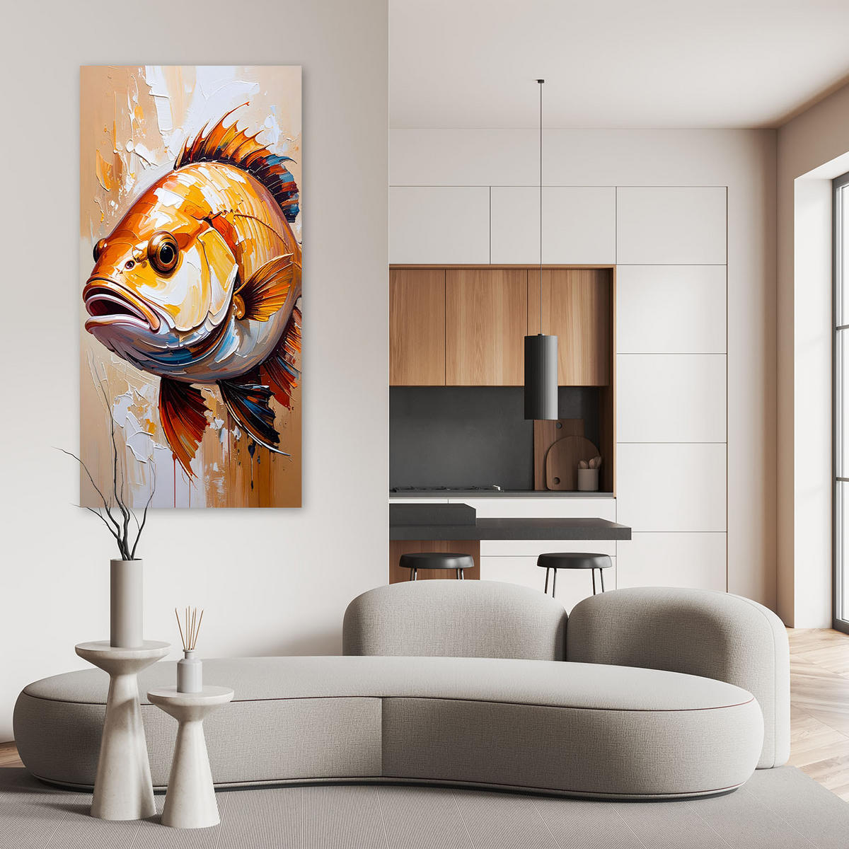 LEINWANDBILD Fischimitation Malerei 60x120cm - Beige, Textil (60/120cm) - Feeby