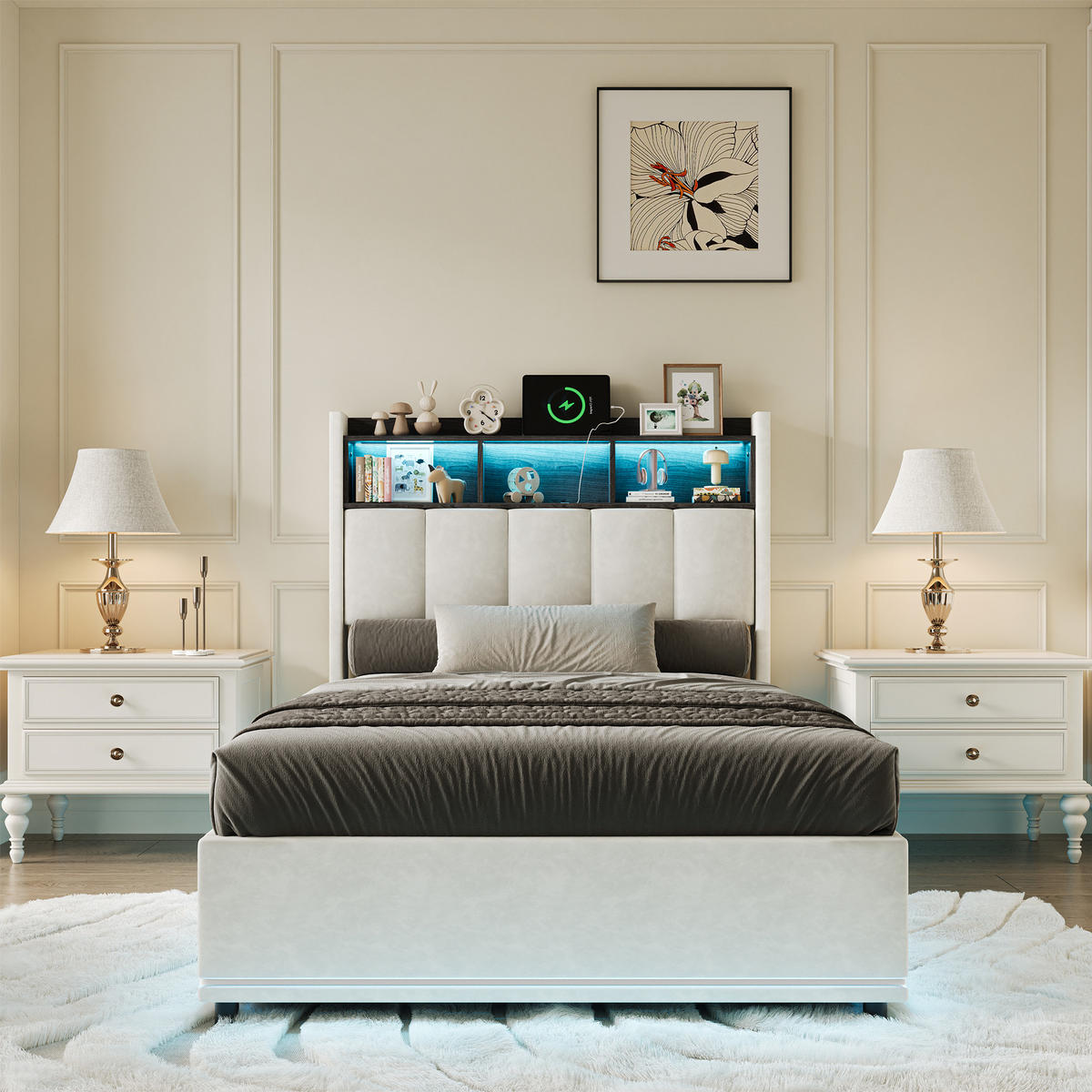 POLSTERBETT 90/200 cm Weiß mit hydraulischem Stauraum, LED-Kopfteil mit Ablage und USB-Anschluss - Weiß, Metall (90/200cm) - EuroLiving