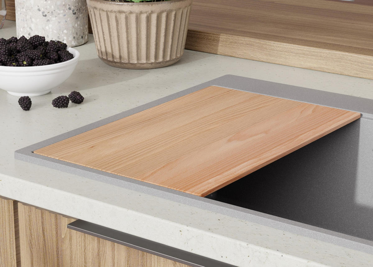 GRANITSPÜLE Oslo, 2-er set Grau 68/50 cm 1 Becken + Küchenarmatur 32/20 cm + Ablauf-Set + Schneidebrett ab 70er Unterschrank - Chromfarben/Beige, Kunststoff (68/20/50cm) - Primagran