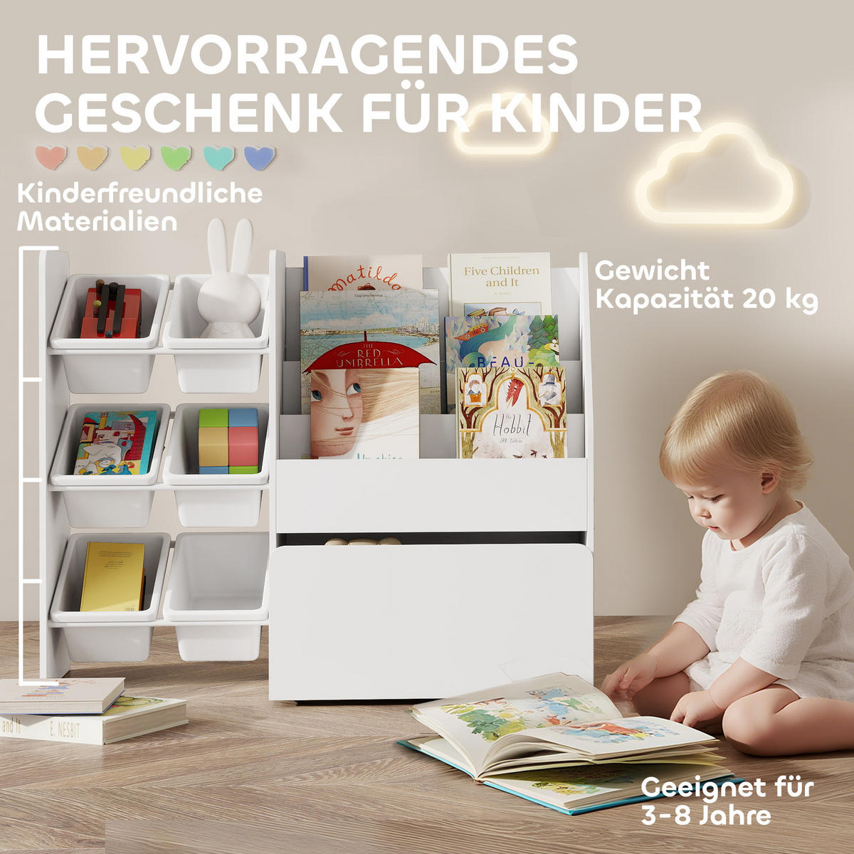 KINDERREGAL Bücherregal mit 6 herausnehmbaren Boxen Ablagen - Weiß, Holzwerkstoff (30/80/100cm) - AIYAPLAY
