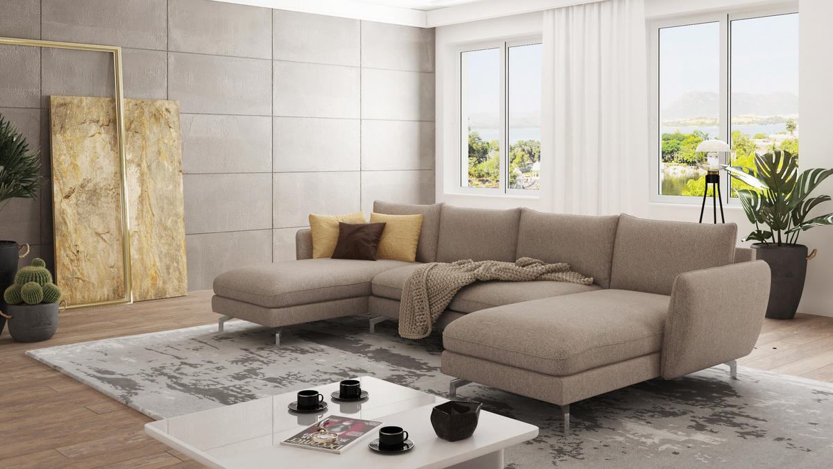 WOHNLANDSCHAFT Elou Dunkelbeige Microfaser - Chromfarben/Beige, Textil/Metall (349/87/167cm) - S-Style Möbel