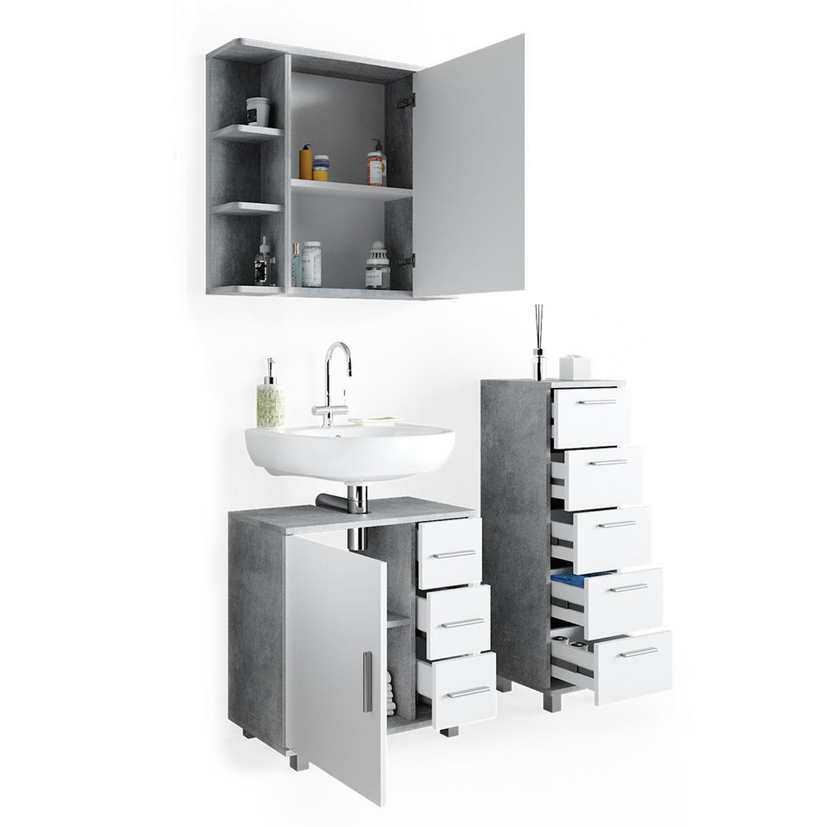 BADMÖBEL-SET Ilias Beton 3 Teile, mit Midischrank - Weiß/Grau, Holzwerkstoff (60/60.8/33cm) - Vicco
