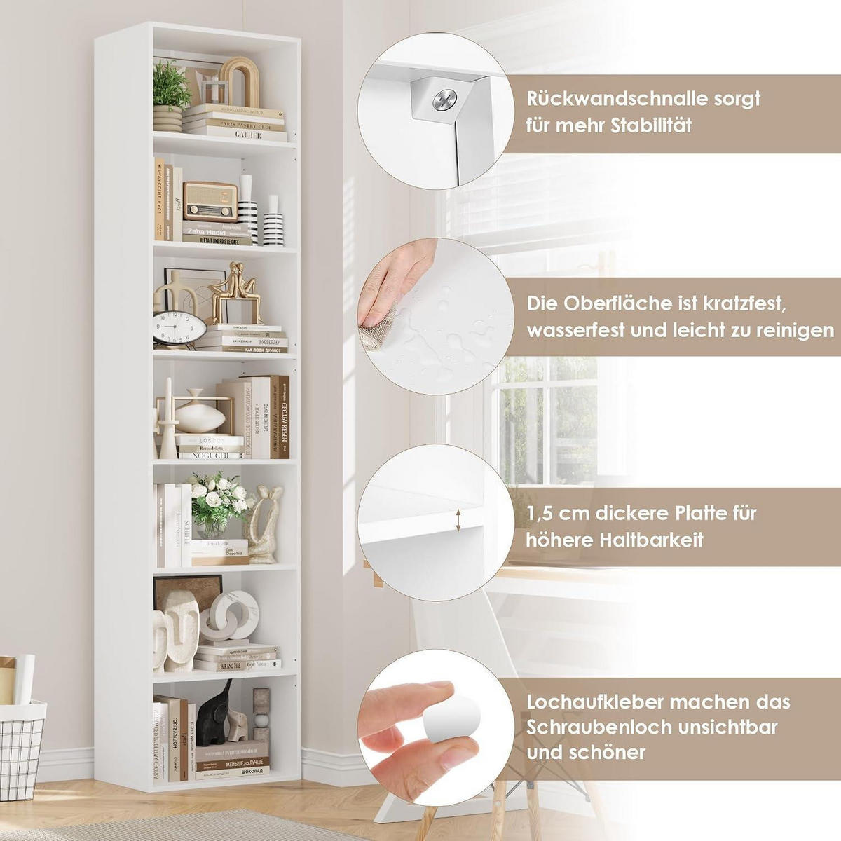 BÜCHERREGAL 220 cm weiß 7 Fächer - Weiß, Holzwerkstoff (48/220/30cm)