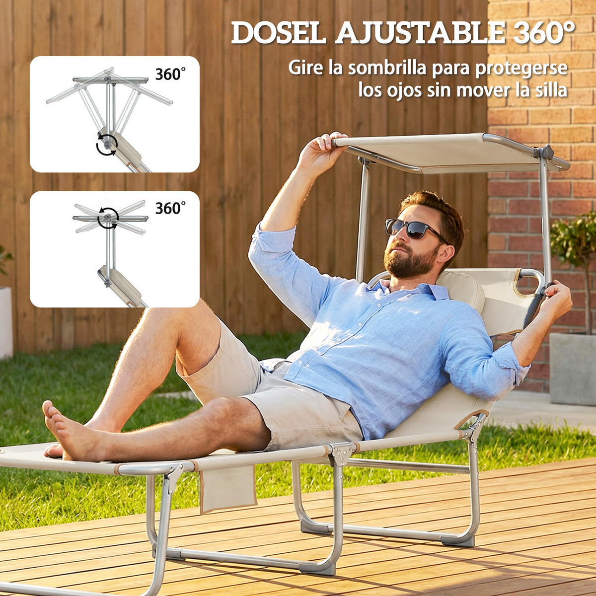 GARTENSONNENLIEGE, 2er-Set, Beige, 360° Sonnendach, Gesichtsöffnung, Seitentasche - Weiß, Metall (188/27/56cm) - Vallsero