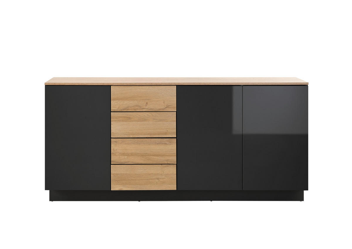 SIDEBOARD M14 Schwarz Hochglanz & Grandson Oak hell 181/85/43 cm breit - Schwarz Hochglanz, Holzwerkstoff (181/85/43cm) - Livojo