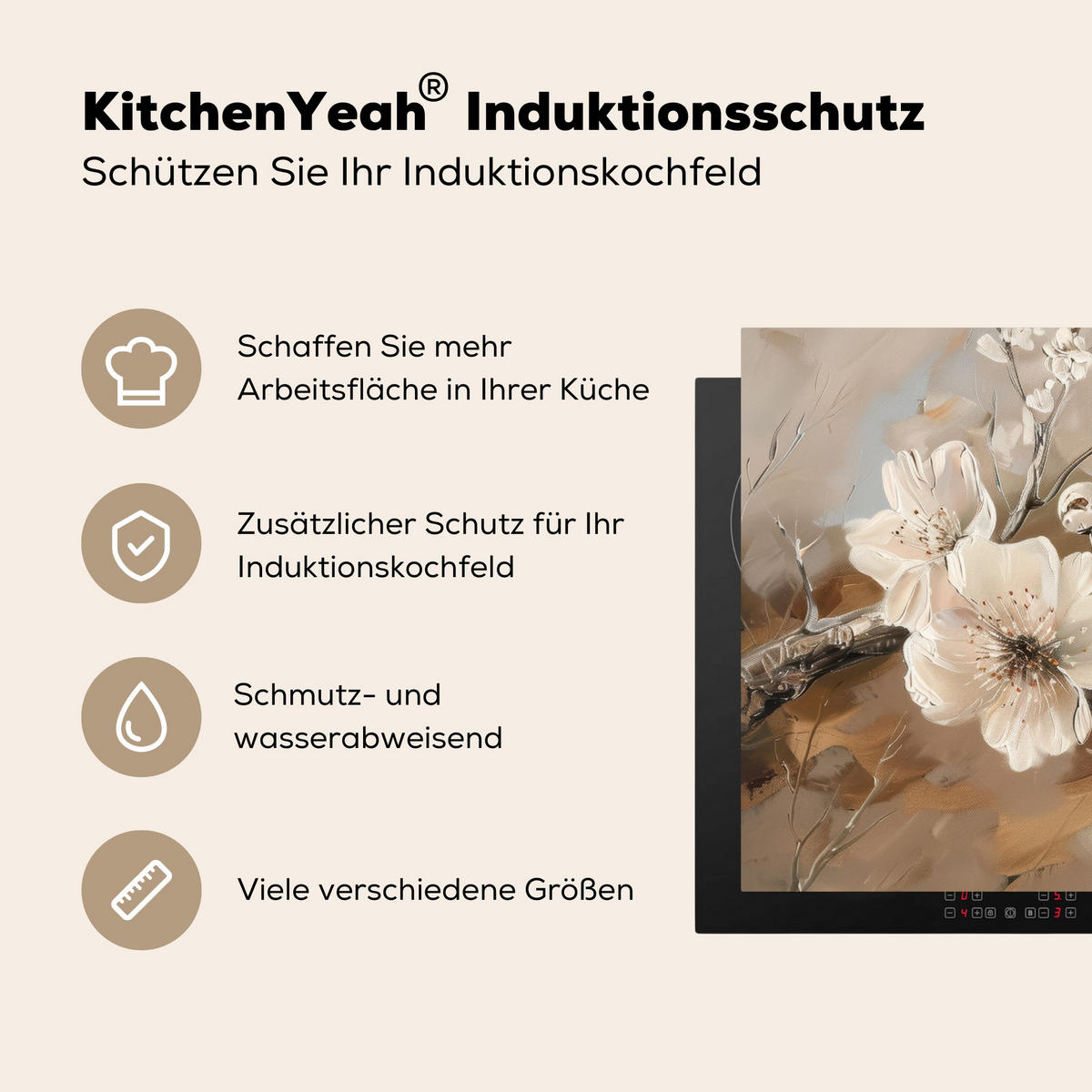 HERDABDECKPLATTE Blumen - Abstrakt - Gemalt - Beige 91x52 cm - Beige, Kunststoff (91.2/52/0.2cm) - MuchoWow