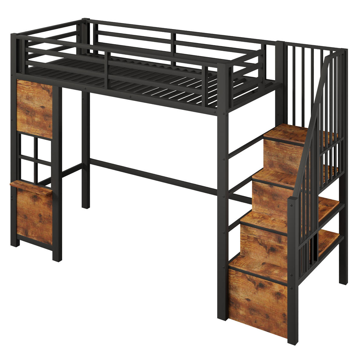 HOCHBETT 90/200 cm Schwarz mit Stauraumtreppe und offener Stauraum - Schwarz, Metall (90/200cm) - Oxeza