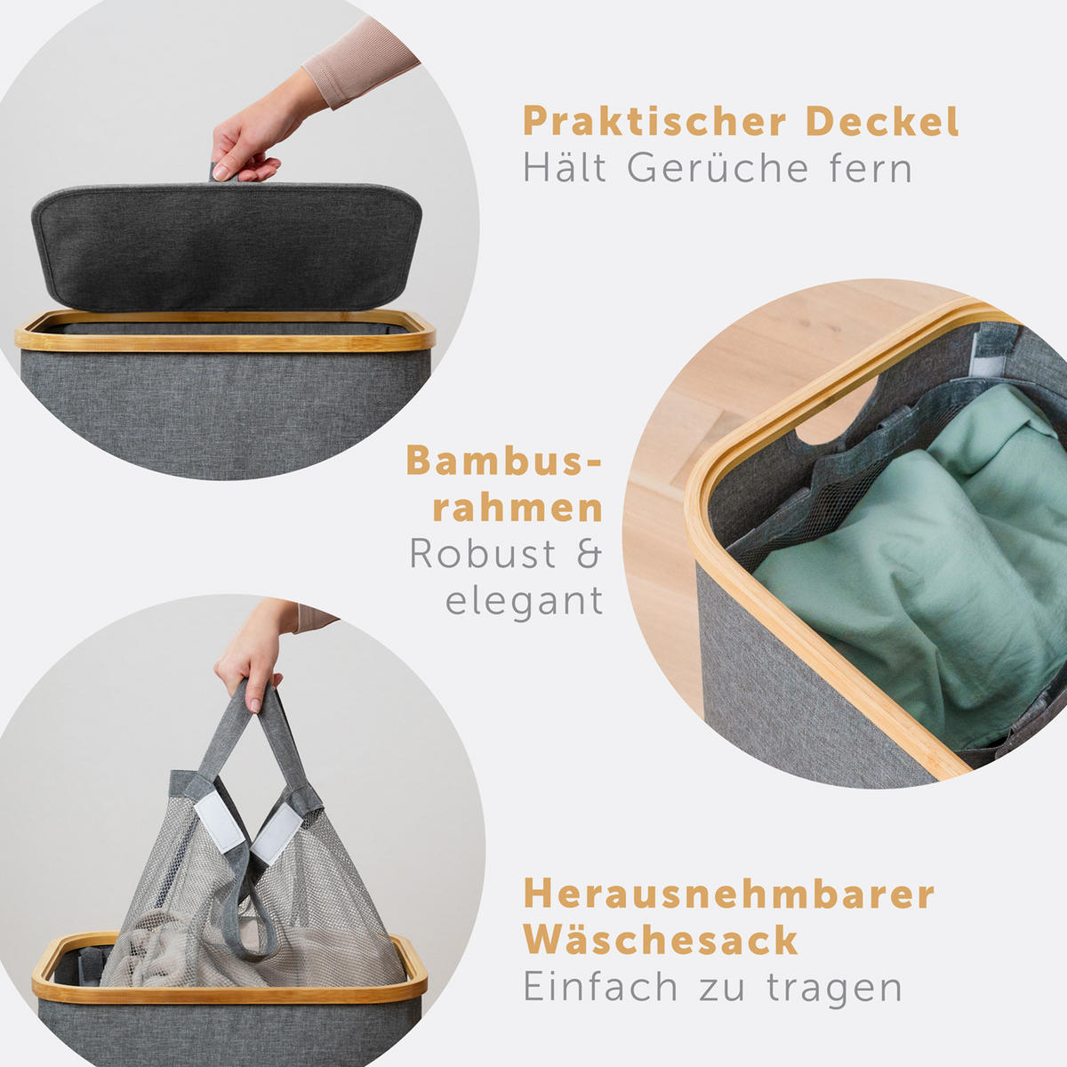 KÔŠ na bielizeň s vekom, 150L, Sivý - sivá, drevo (37/70/57cm) - Blumtal