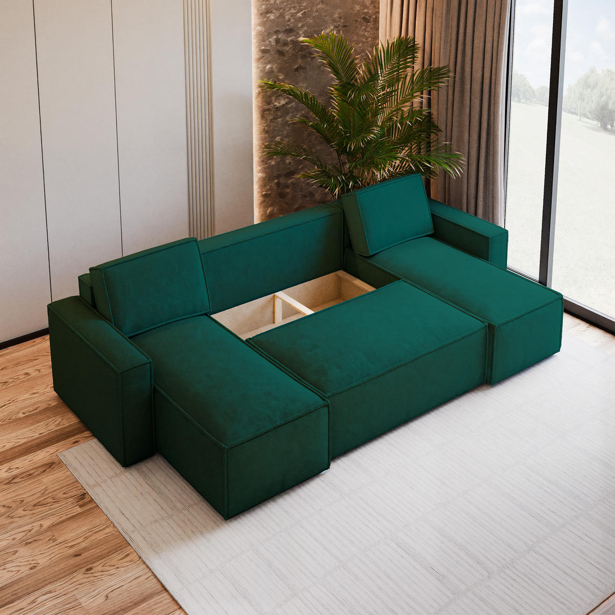 WOHNLANDSCHAFT PESANO M Grün Velours-Stoff mit Schlaffunktion - Grün, Holz (306/85/140cm) - MASSENO