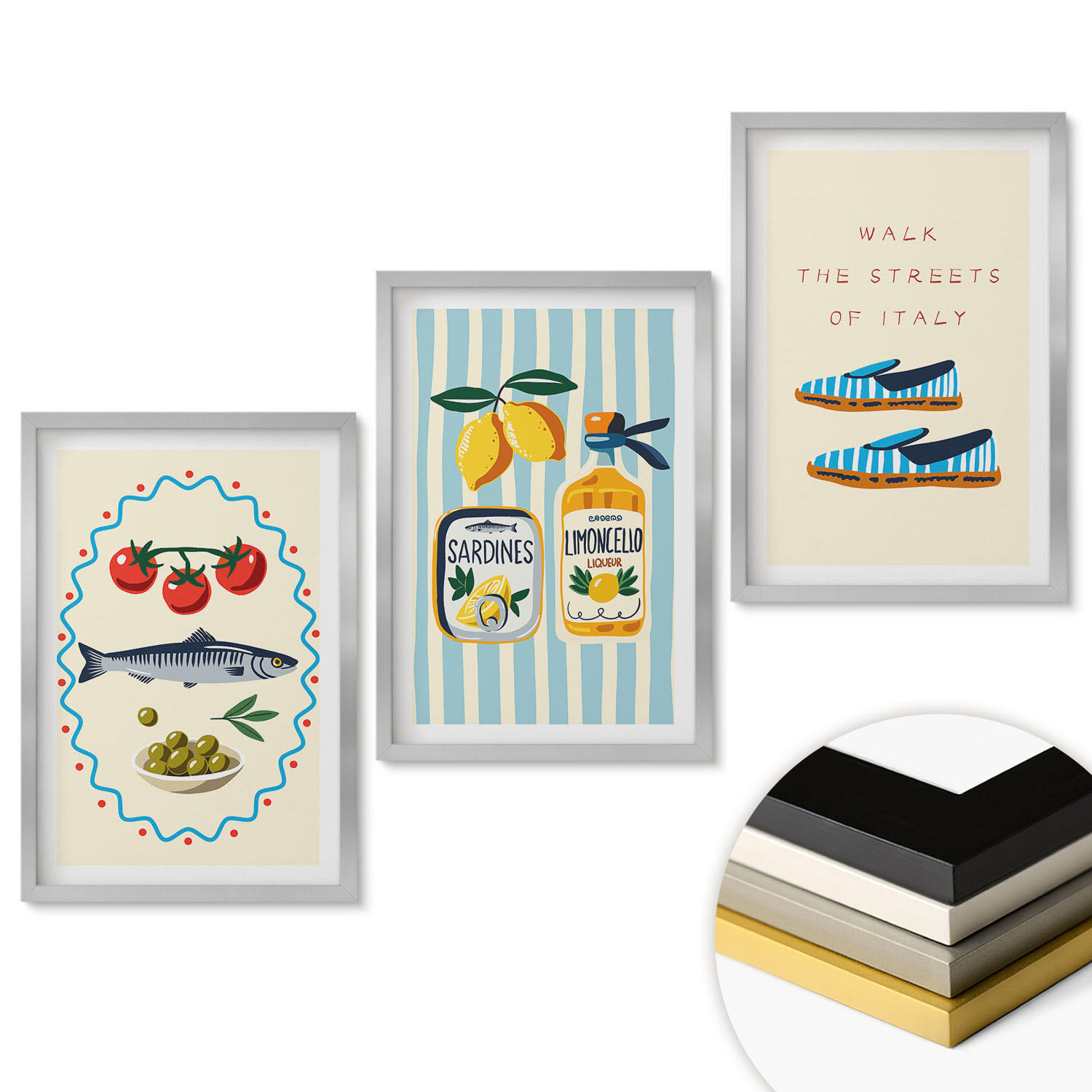 WANDBILDER 3er Set - 40x60 cm Silberner Rahmen - Italienische Aromen und Lifestyle-Bilder - Silberfarben, Kunststoff (40/60cm) - ArtPrintCave