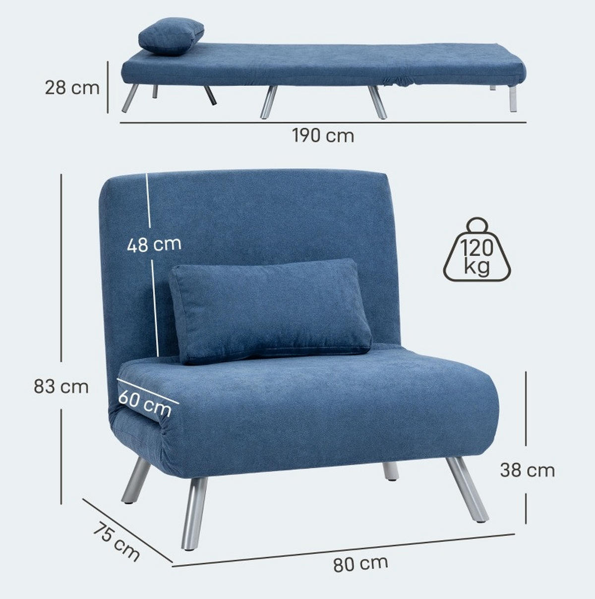 SCHLAFSESSEL in Blau 75x80x83 cm mit Bettfunktion und 5-fach verstellbarer Rückenlehne - Blau, Metall (80/83/75cm) - IVMEU
