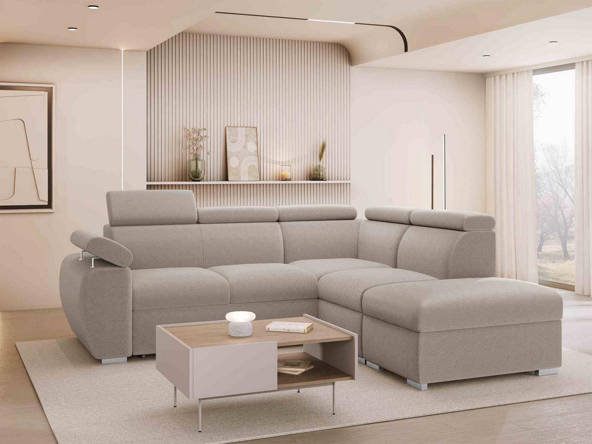 ECKSOFA Boston 2RR1P, Seite: Rechts 2R+R+1P(65)+PUFAP - Silberfarben/Naturfarben, Holz/Textil (260/230cm) - MIRJAN24