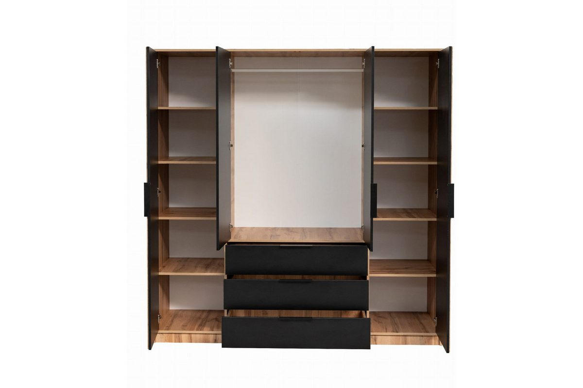 DREHTÜRENSCHRANK LABOO LUX 196/200/58 cm in Eiche Wotan / Schwarz mit Lamellen - Eiche Wotan/Schwarz, Holzwerkstoff (196/200/58cm) - Deine Möbel 24