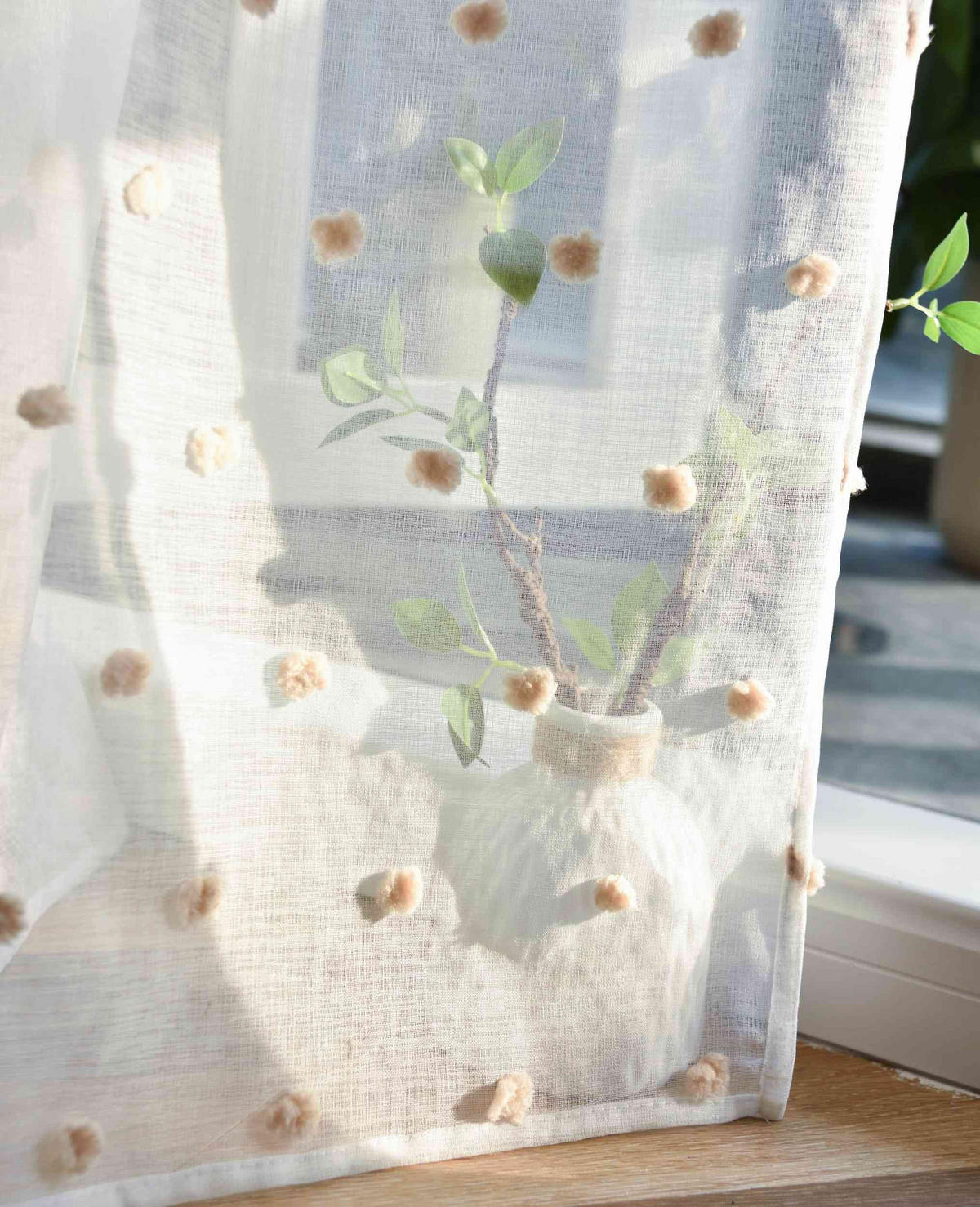 GARDINE VALENCIA HxB 245x145 cm Natur Taupe Pompom - Weiß, Textil (145/245cm)